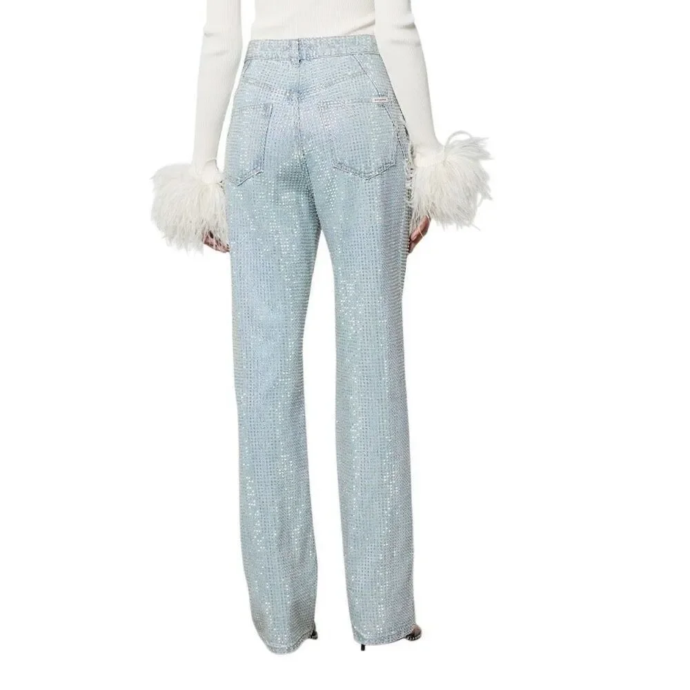 NWT Self-Portrait Blue Rhinestone Embellished High-Waisted Denim Jeans W27 L32